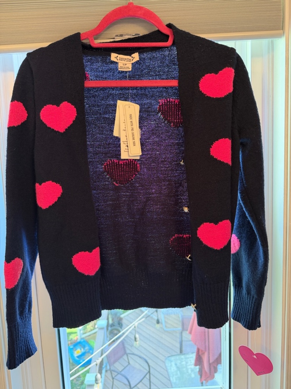 Nanette Lepore Black Cardigan with Hot Pink Heart Pattern